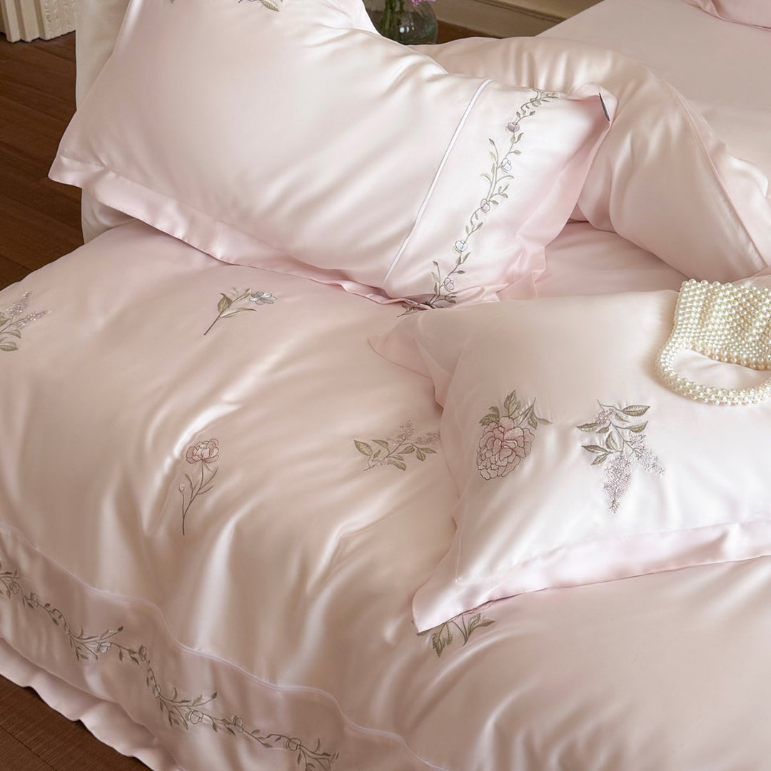 Silk-Feel Floral Embroidered Sateen Duvet Cover Ensemble with Decorative Flange and Lumbar Pillow