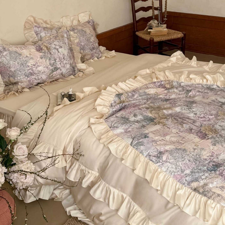 Ruffled Satin-Trim Toile Print Duvet Cover Set with Oval Center Panel