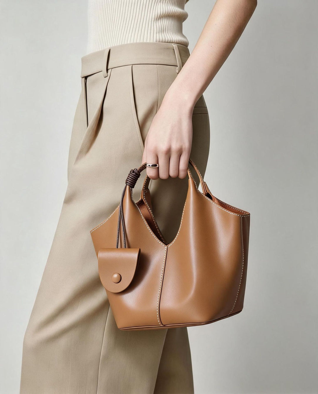 Curved-Top Soft Leather Bucket Tote with Hanging Mini Pouch