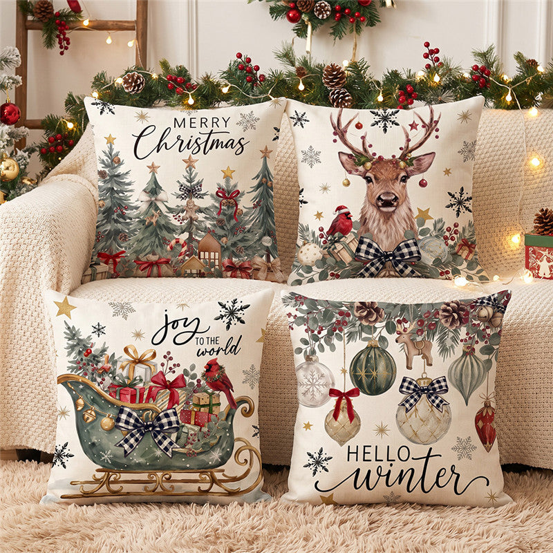 Christmas Decorative Throw Pillow Cover Linen-Cotton Blend Festive Tree Print