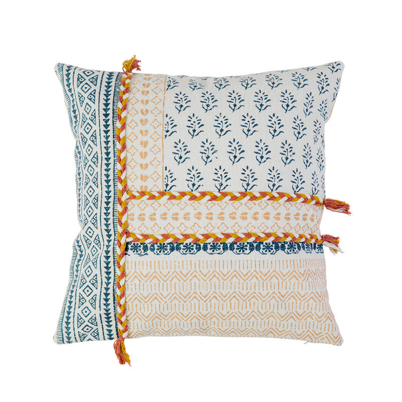 Square decorative pillow cover in Boho block print with braided tassels