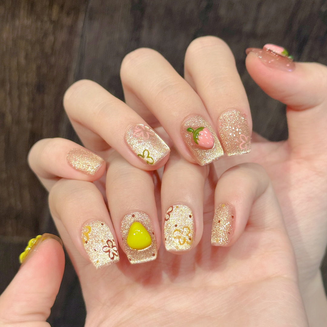 Decorative Press-On Nail Art Set with Glittering Fruit Designs
