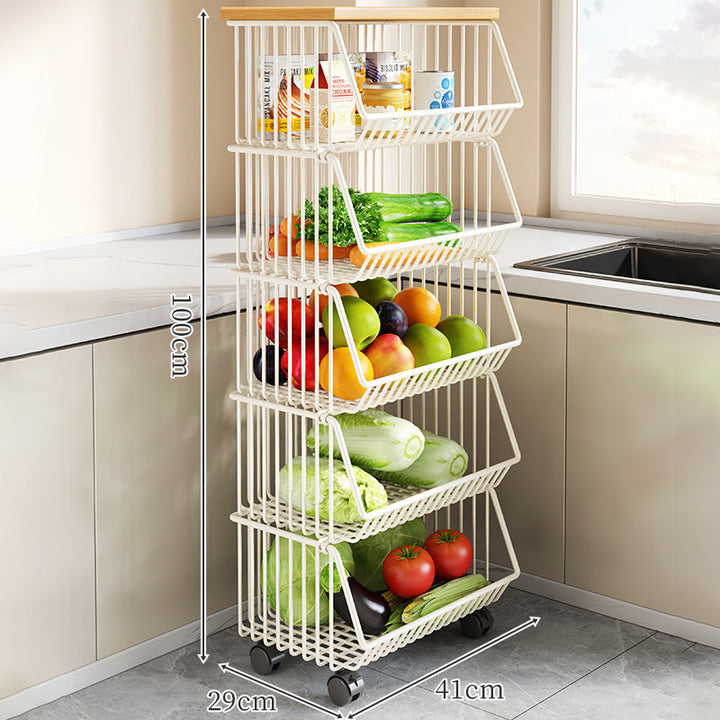 Two-Tier Countertop Vegetable and Pantry Storage Rack with Walnut Wood Top and Sliding Wire Basket