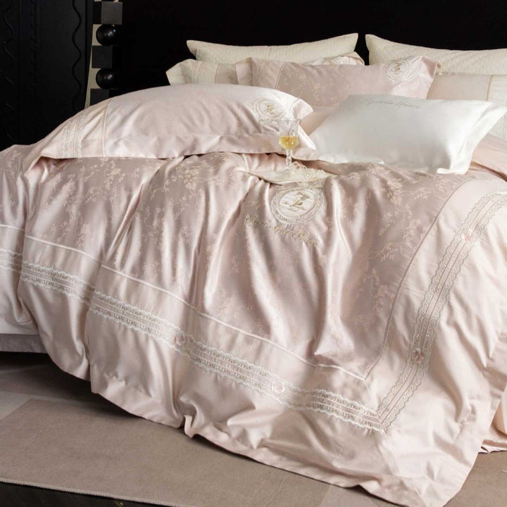 Hotel-Style Embroidered Cotton Sateen Duvet Cover Set with Lace Trim and Pillow Shams