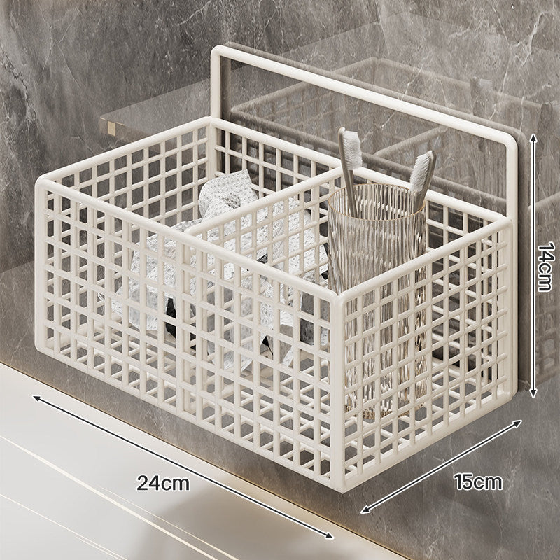 Wall-Mounted Metal Grid Bathroom Caddy with Triple Compartments Hooks and Drainable Base