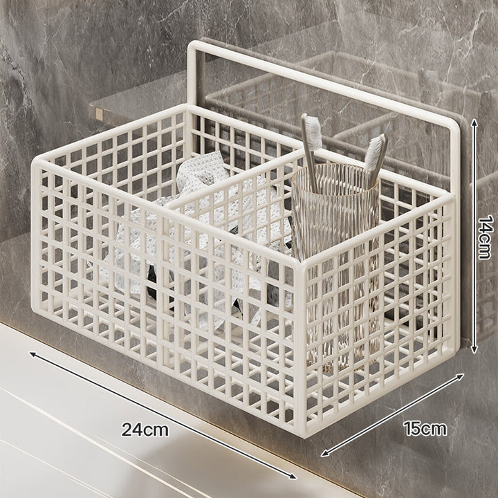 Wall-Mounted Metal Grid Bathroom Caddy with Triple Compartments Hooks and Drainable Base