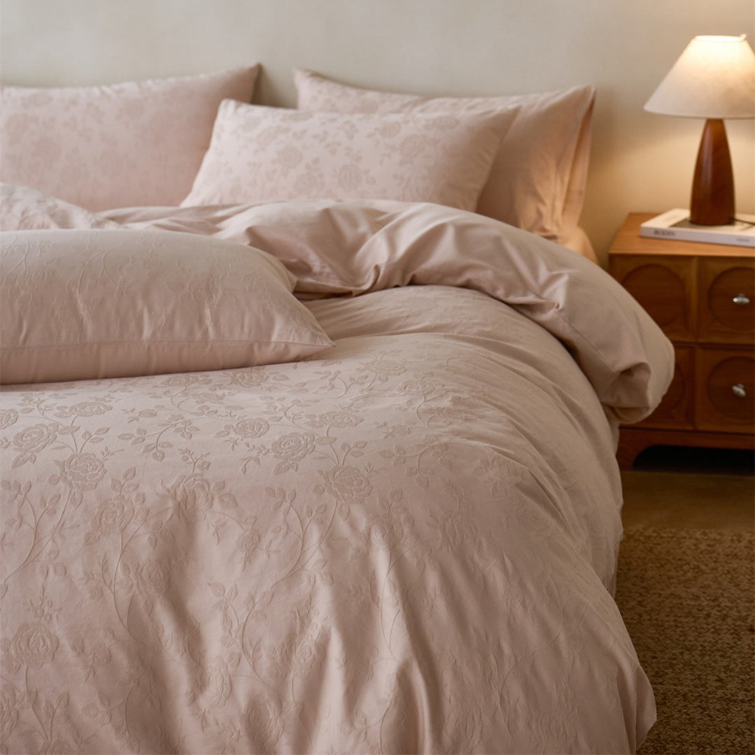 Floral Jacquard-Texture Cotton Sateen Duvet Cover Set with Pillow Shams