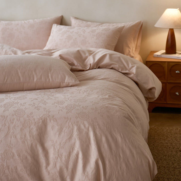 Floral Jacquard-Texture Cotton Sateen Duvet Cover Set with Pillow Shams