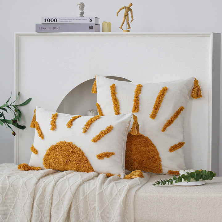 Decorative square cushion cover with hand-tufted sun relief, tassels, and cotton-linen blend Stornfield
