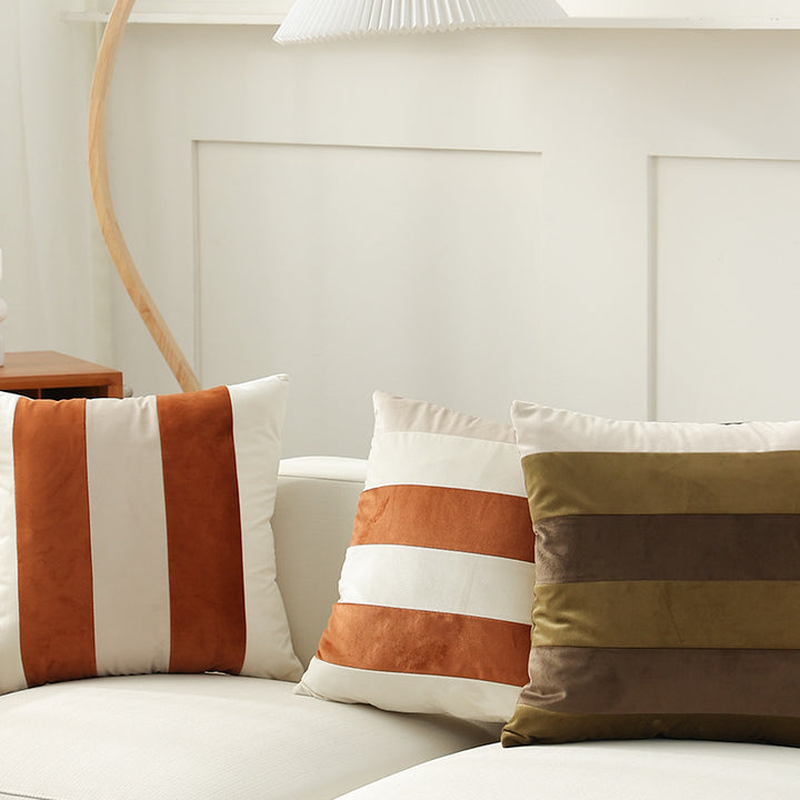 Striped square velvet decorative cushion with contrasting inserts