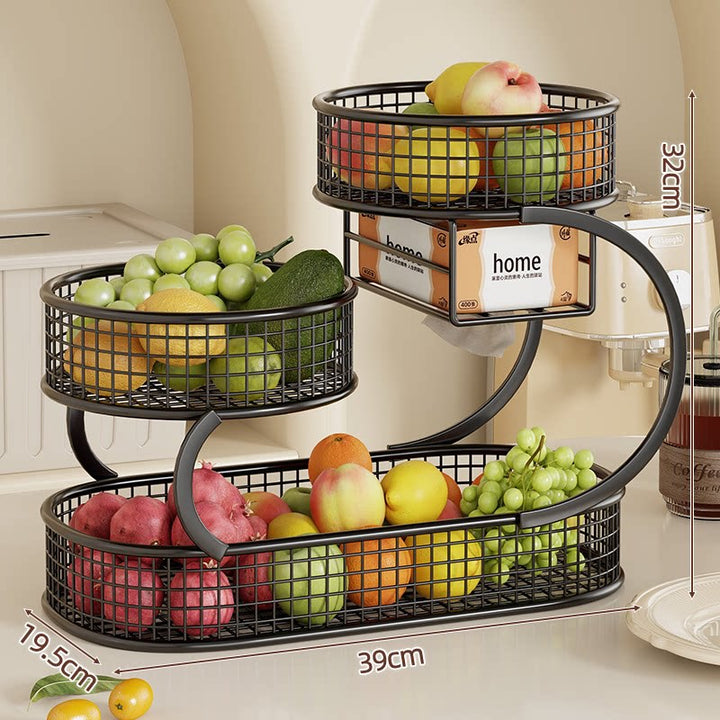 Three-Tier S-Shaped Metal Mesh Fruit and Kitchen Counter Organizer with Built-In Napkin Holder