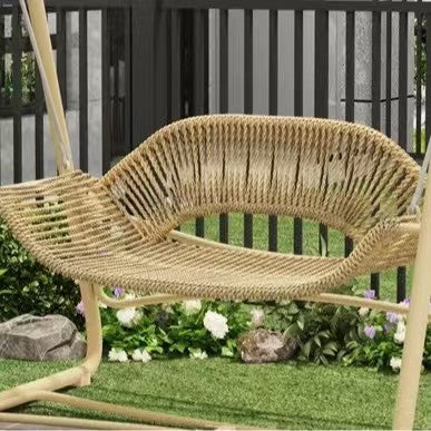 Woven rattan outdoor swing loveseat with padded cushions and powder-coated steel frame Stornfield