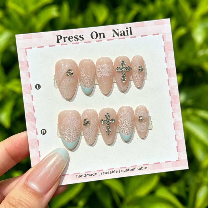 Decorative Press-On Nail Set with Gem Accents  1791774365