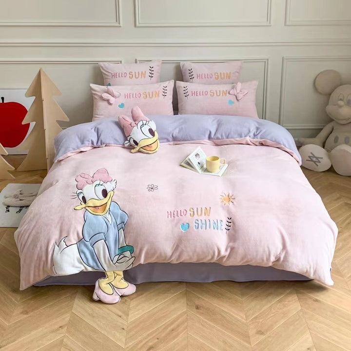 Cute quilted bedding set with plush bear applique and strawberry motif