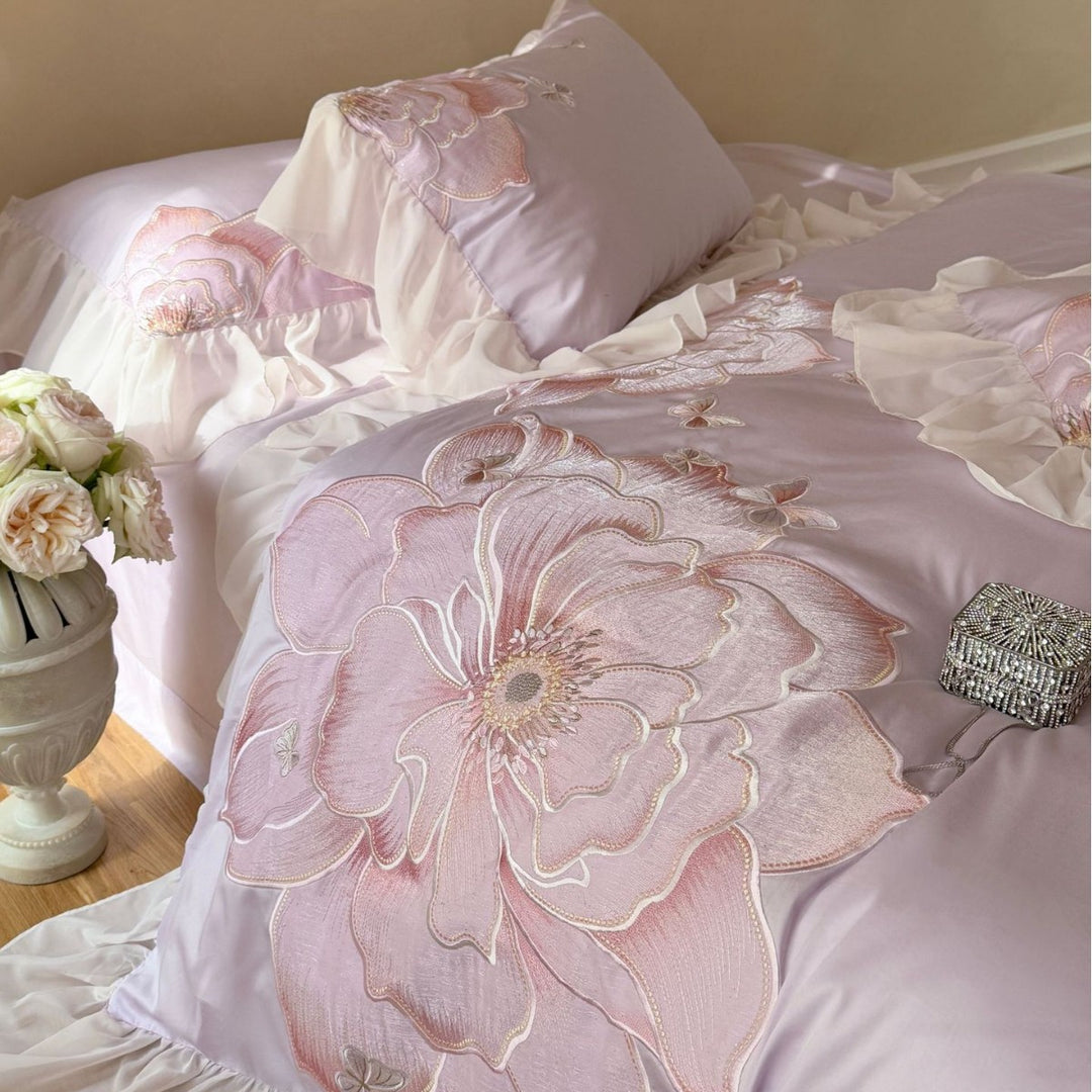 Romantic Chiffon-Ruffled Embroidered Floral Appliqué Duvet Cover Set