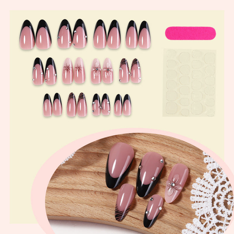 Deluxe Press-On Nail Set with Elegant Black Tips and Embellishments Stornfield