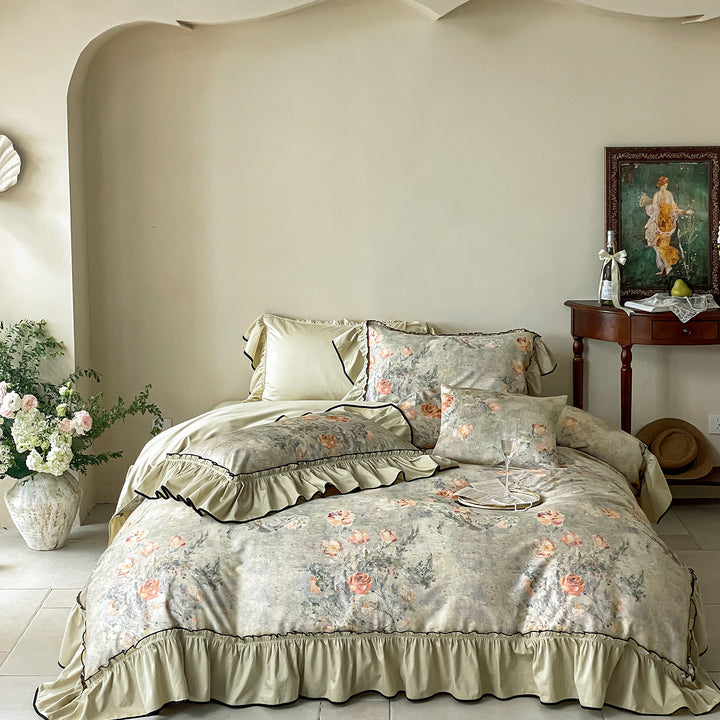 Ruffled Vintage Floral Duvet Cover Set with Pillow Shams and Bed Skirt