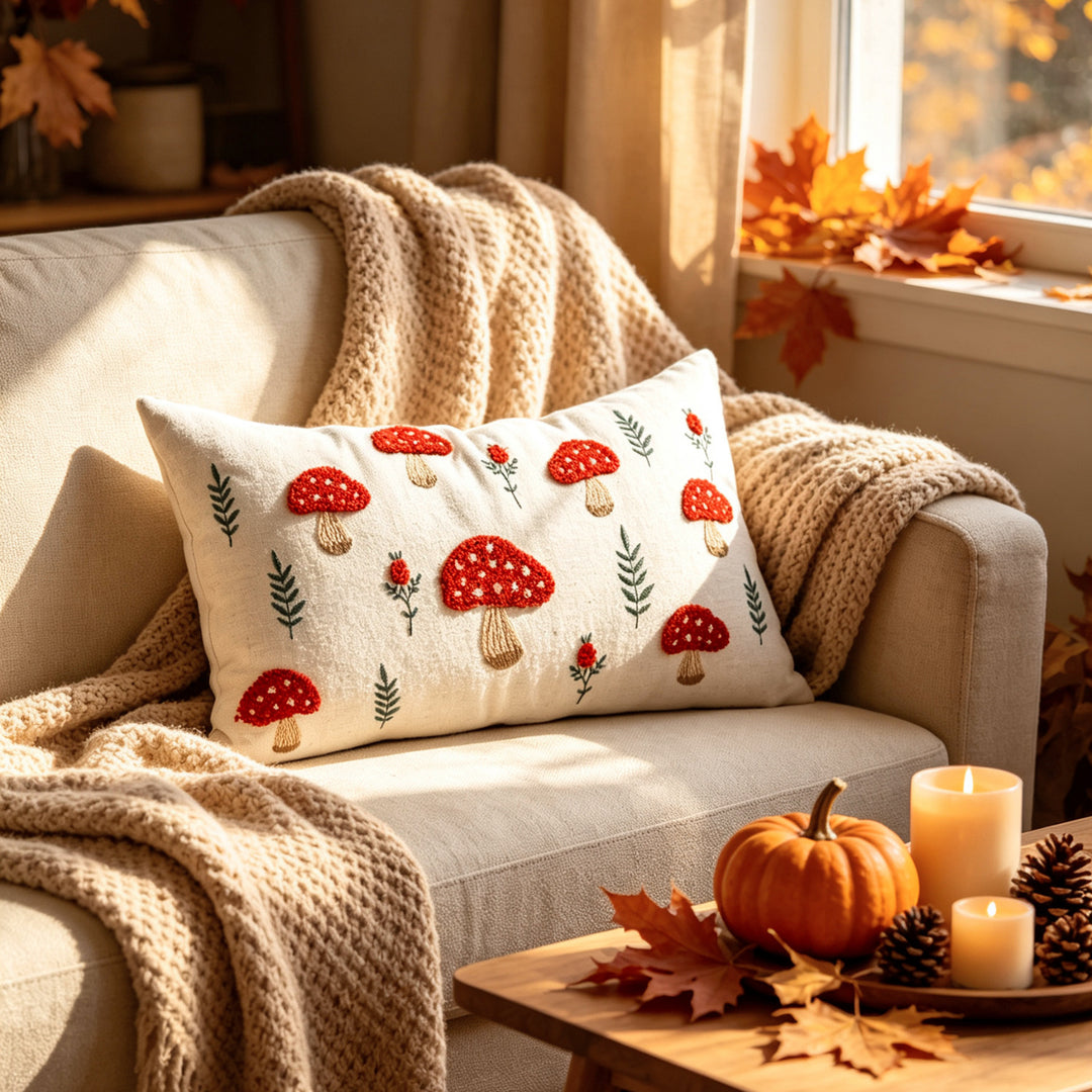 Square Embroidered Autumn Mushroom & Oak Leaf Textured Cotton-Linen Throw Pillow Cover with Hidden Zipper