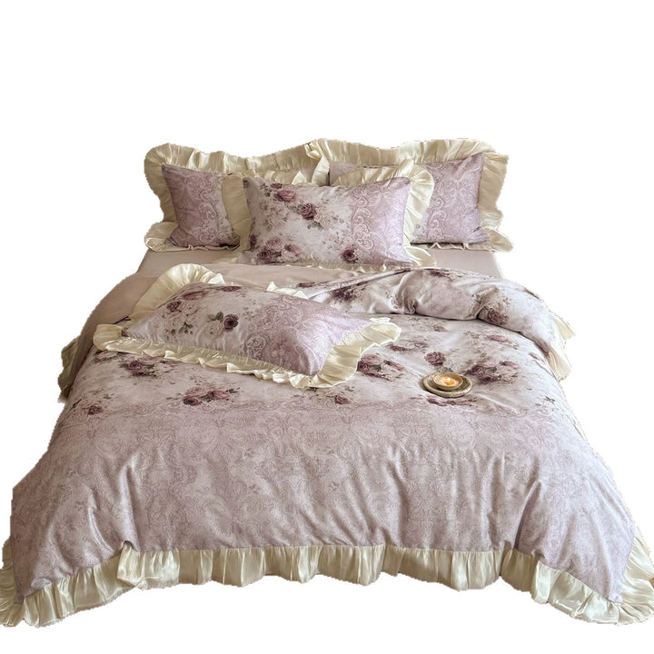 Vintage Rose Print Ruffled Bed Linen Duvet Cover and Sham Set