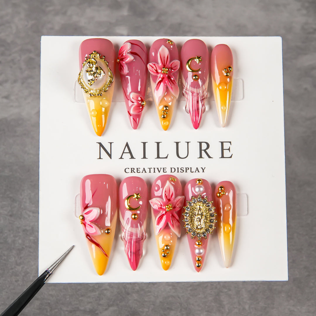 Artistic Stiletto Press-On Nail Set with Floral and Gem Accents