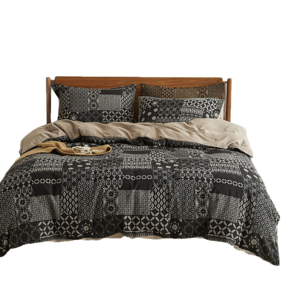 Reversible Patchwork Cotton Duvet Cover Set with Oxford Shams and Corner Ties