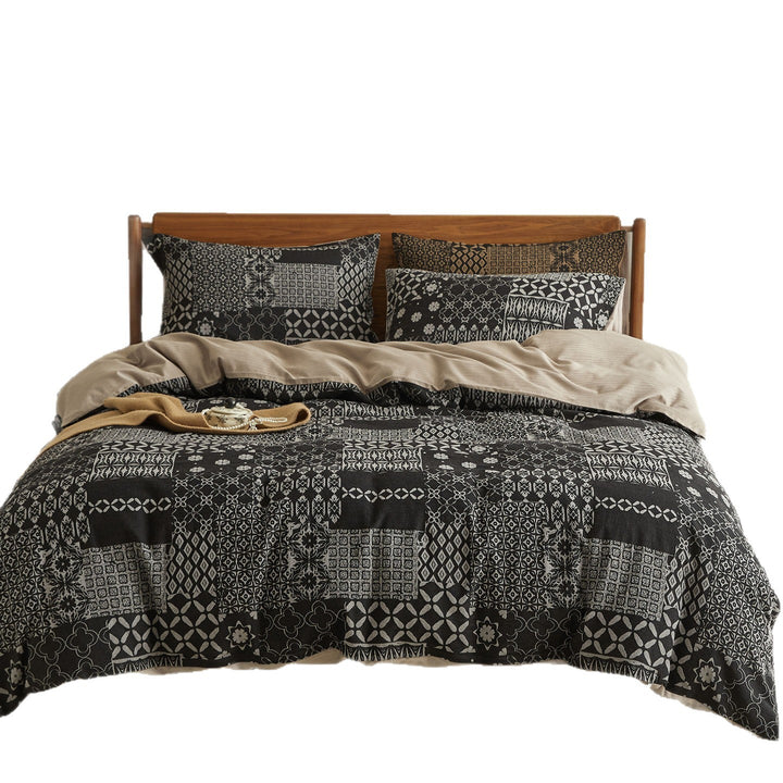 Reversible Patchwork Cotton Duvet Cover Set with Oxford Shams and Corner Ties