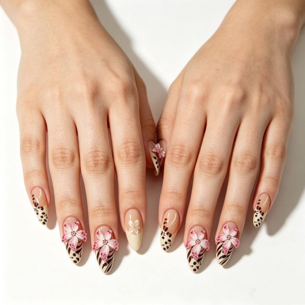 Artificial nails with floral accents and animal print Stornfield