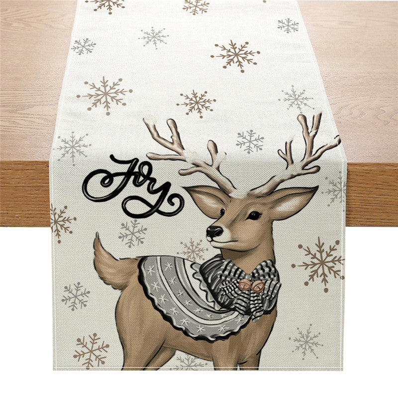 Festive Printed Cotton Linen Table Runner with Holiday Ornament Motif and Merry Christmas Script