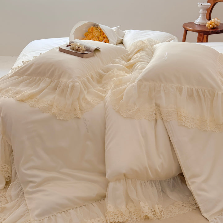 Luxury Satin Ruffled Pillowcase Set with Lace Trim