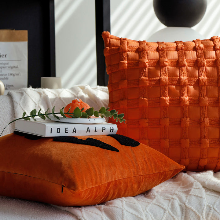 Square cushion cover with Halloween pumpkin tufting and soft cotton satin Stornfield