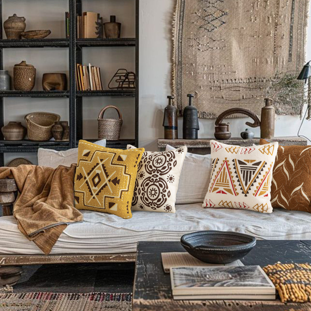 Bouclé pillow with hand-stitched ethnic design and removable cover Stornfield