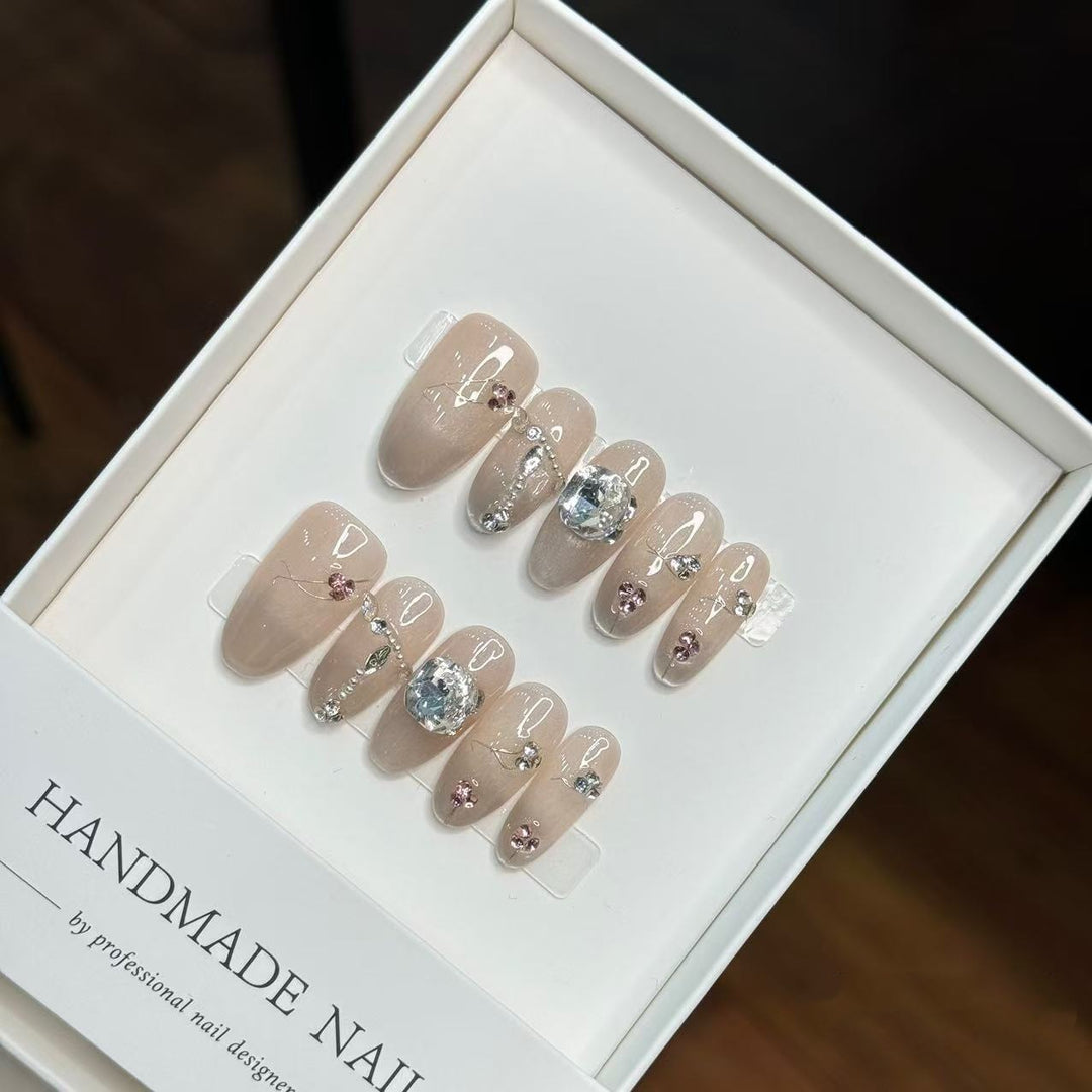 Handmade Decorative Press-On Nails with Gem Accents