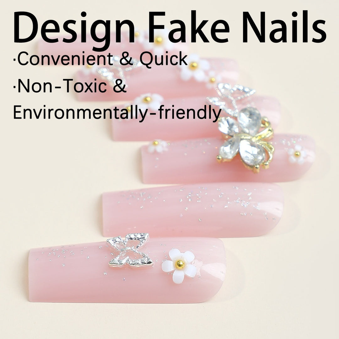 Acrylic Nail Set with Elegant 3D Flowers and Glitter Details Stornfield