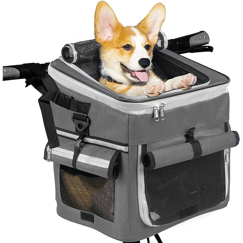 expandable front bike pet carrier basket with dual-access roll-top canopy and organizer pockets Stornfield