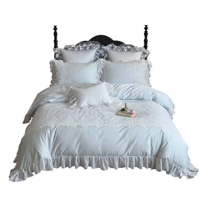 Romantic Ruffled Lace Cotton Sateen Duvet Cover Set with Scalloped Embroidery & Decorative Shams