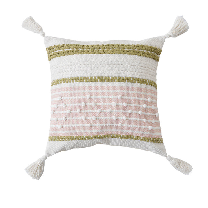 Structured decorative pillow with tufted diamonds, relief border, and corner tassels