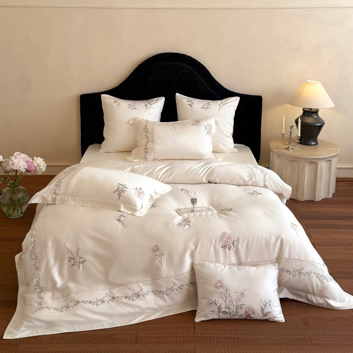 Silk-Feel Floral Embroidered Sateen Duvet Cover Ensemble with Decorative Flange and Lumbar Pillow