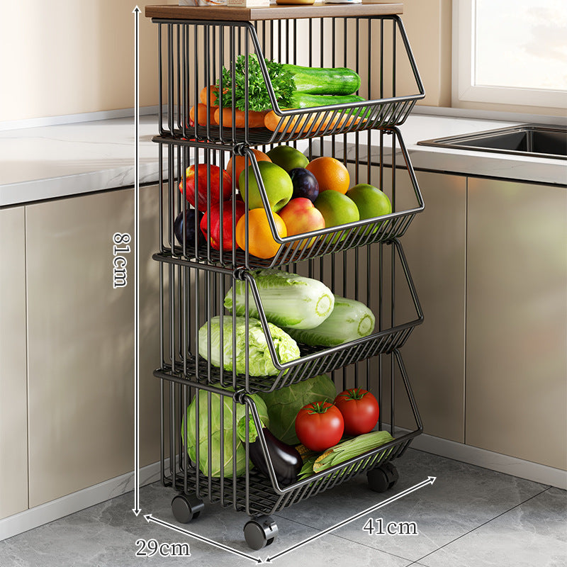 Countertop Wooden-Top Metal Wire Produce Storage Basket with Front-Tilt Access
