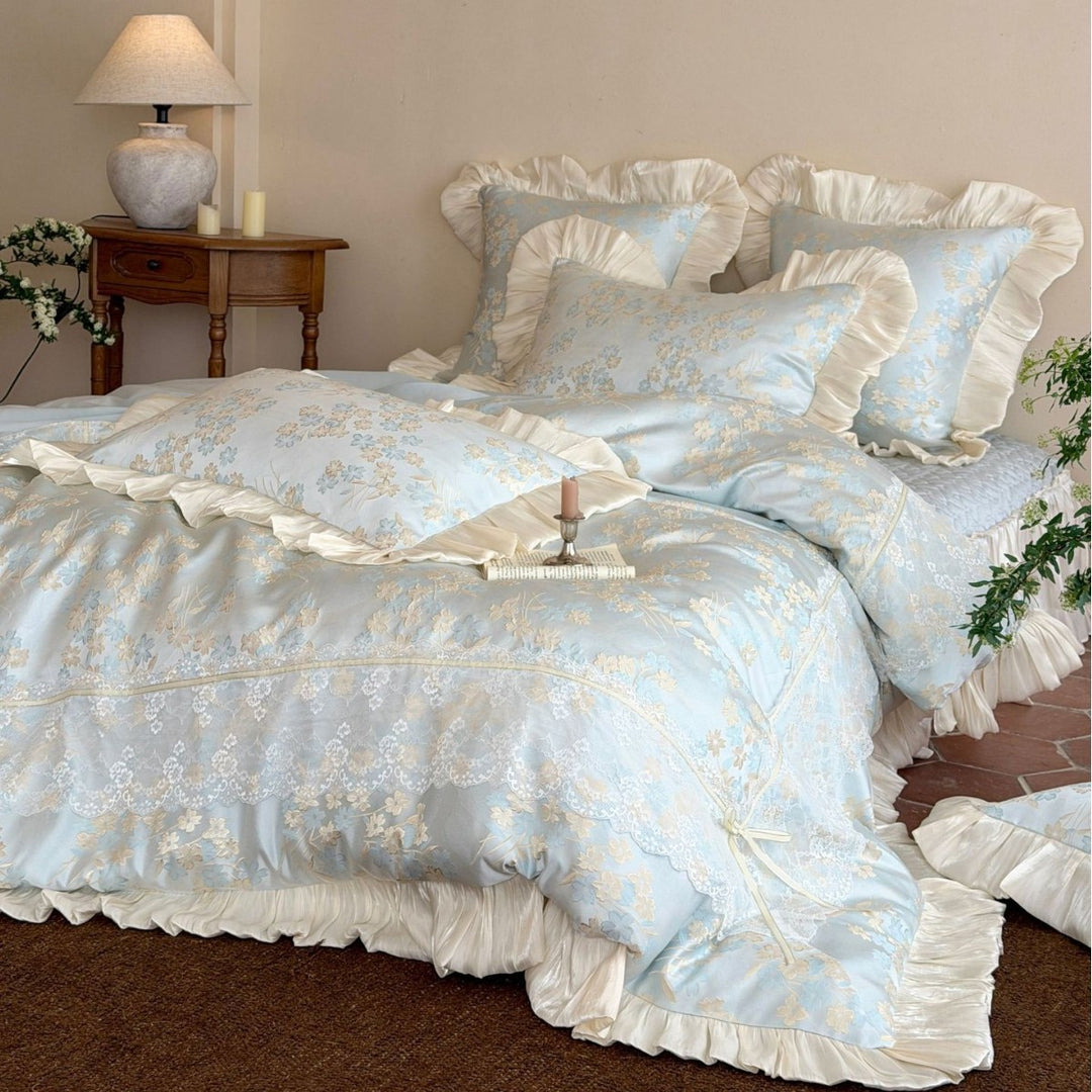 Luxurious Floral Ruffled Lace Comforter Set with Satin Trim
