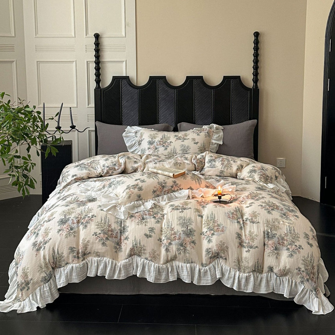 Crinkled Cotton Ruffled Duvet Cover Set with Floral Textured Finish & Frilled Shams