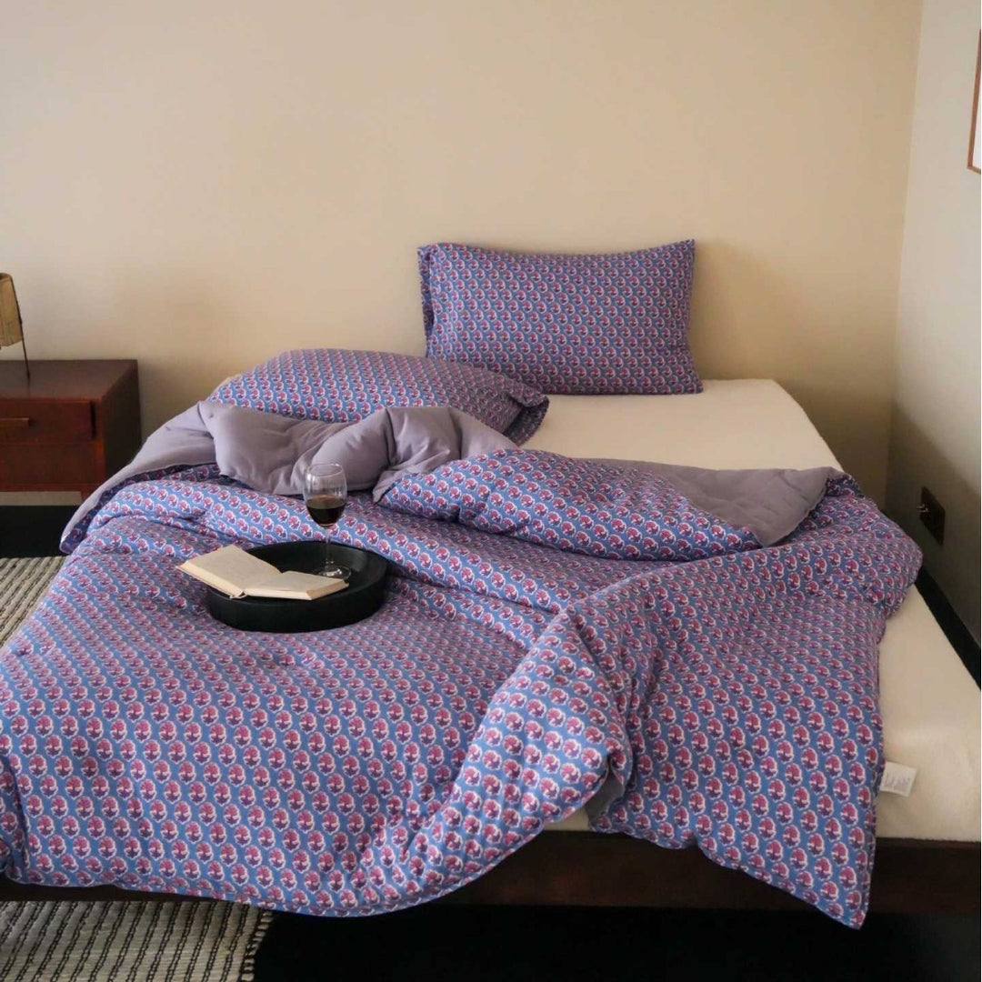Floral Printed Cotton Duvet Cover Bedding Set with Reversible Lined Comforter Panel and Envelope Pillowcases