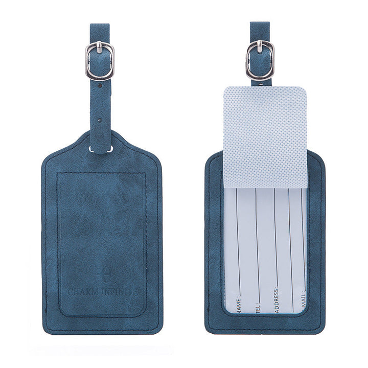 vintage leather luggage tag with transparent ID window and adjustable buckle strap Stornfield