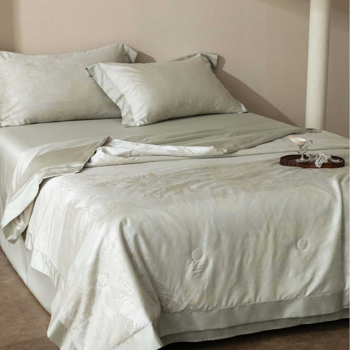 Premium cotton satin bedding set with fine toile pattern and hem decoration