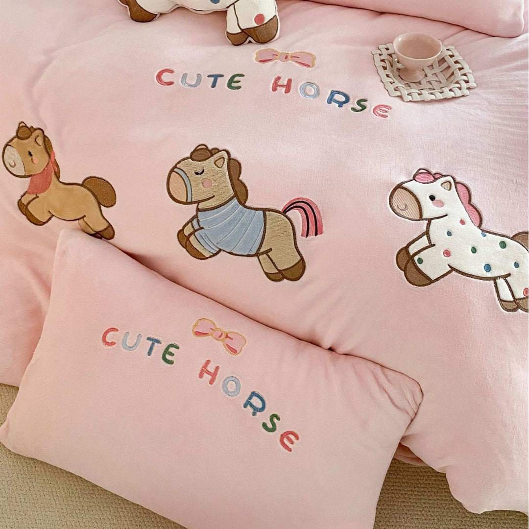 Children's Plush Horse Embroidered Duvet Cover Bedding Set