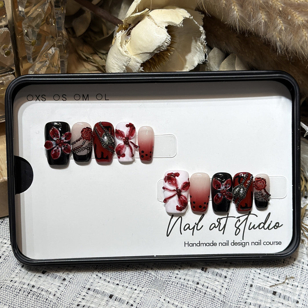 Artistic Nail Decoration Press-On Set with Unique Floral and Gemstone Designs Stornfield