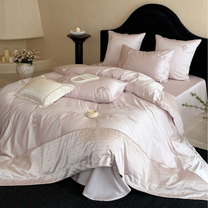 Embroidered Satin-Feel Duvet Cover & Comforter Set with Decorative Pillow Shams and Scalloped Edge
