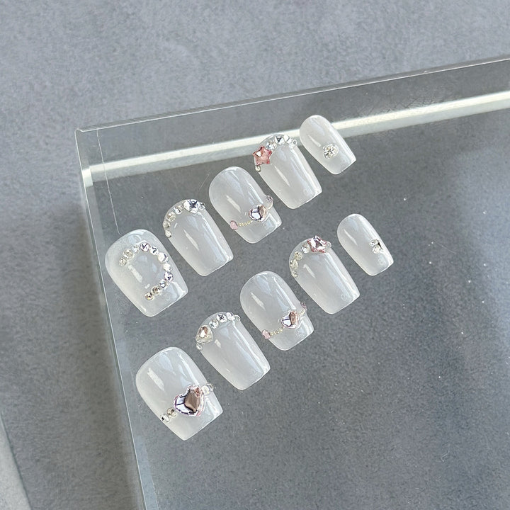 Decorative Press-On Nail Art Set with Gem and Heart Accents