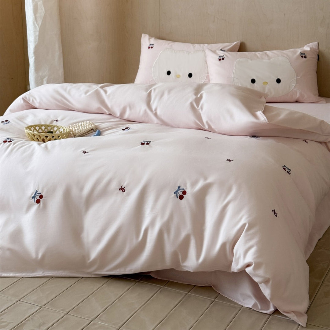 Embroidered Cherry Duvet Cover Set with Appliqué Face Pillow Shams