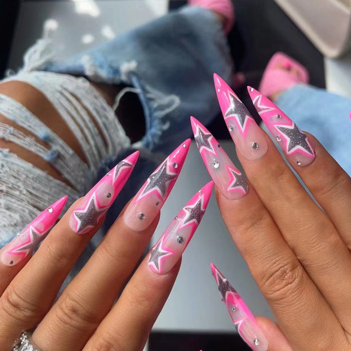 Starry Themed Stiletto Nail Art Extensions