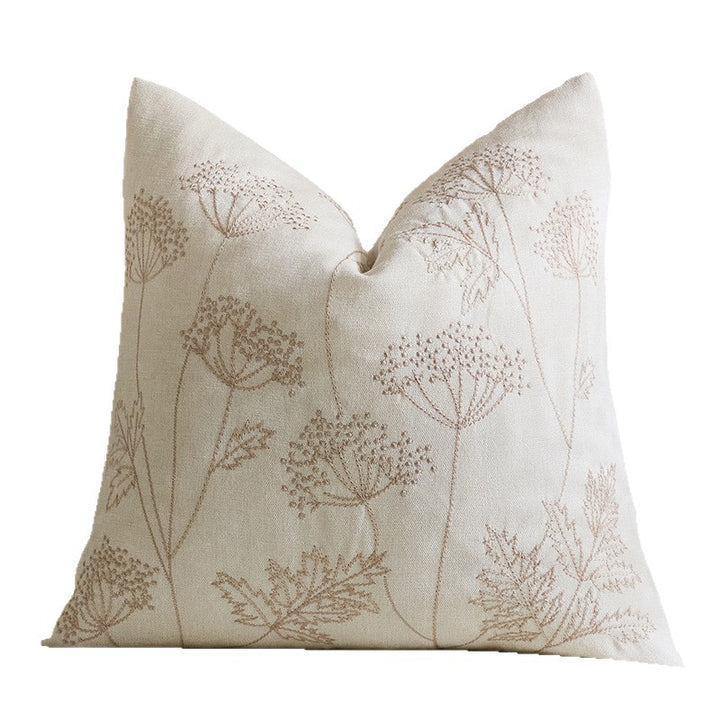 Botanical Embroidered Square Throw Pillow Cover with Linen Texture and Hidden Zipper